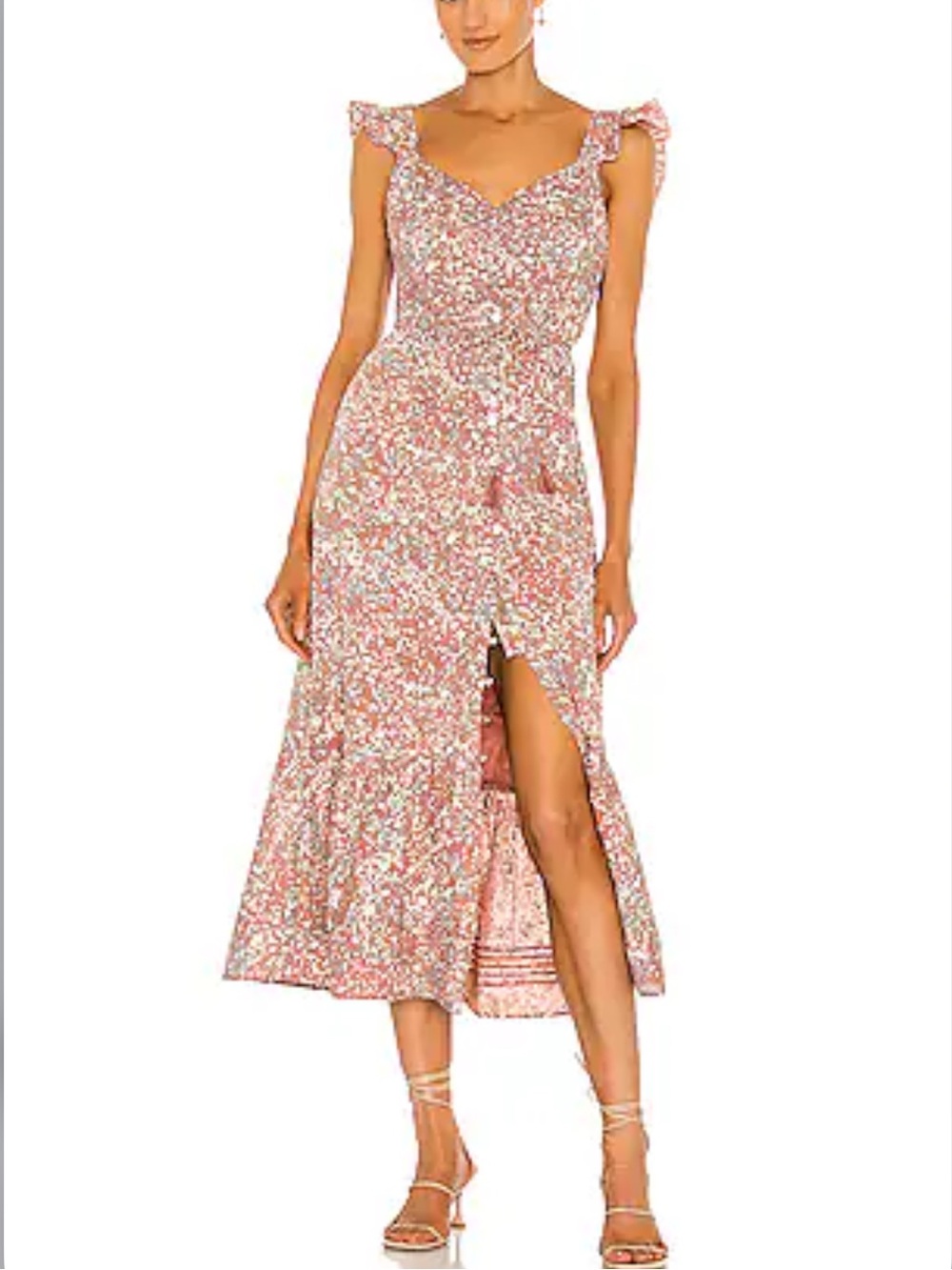 CLEOBELLA‎ Sophia Midi Dress in Marled Print Pink Flutter Sleeves Button Front S